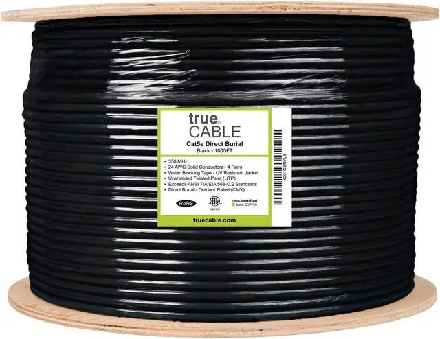 Alt view image 4 of 7 - trueCABLE Cat5e Outdoor, 1000ft, Waterproof Direct Burial Rated CMX, Black 24AWG Solid Bare Copper, 350MHz, PoE++ (4PPoE), ETL Listed, Unshielded UTP, Bulk Ethernet Cable