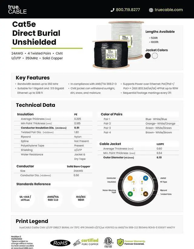 Alt view image 6 of 7 - trueCABLE Cat5e Outdoor, 1000ft, Waterproof Direct Burial Rated CMX, Black 24AWG Solid Bare Copper, 350MHz, PoE++ (4PPoE), ETL Listed, Unshielded UTP, Bulk Ethernet Cable