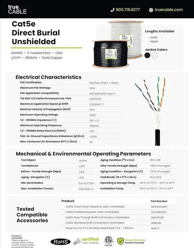 Alt view image 7 of 7 - trueCABLE Cat5e Outdoor, 1000ft, Waterproof Direct Burial Rated CMX, Black 24AWG Solid Bare Copper, 350MHz, PoE++ (4PPoE), ETL Listed, Unshielded UTP, Bulk Ethernet Cable