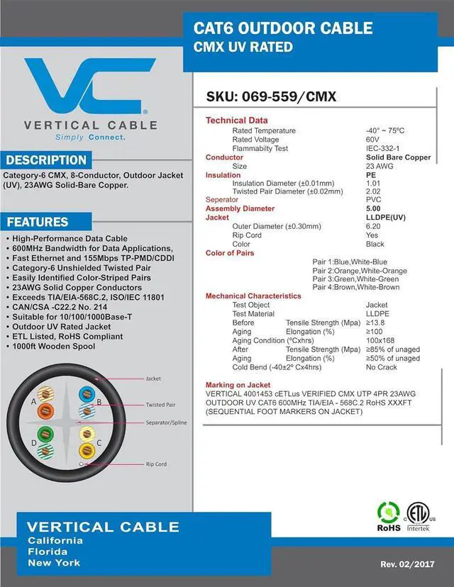 Alt view image 3 of 4 - Vertical Cable Cat6, UTP, UV Jacket, Outdoor, CMX, 1000ft, Black, Bulk Ethernet Cable
