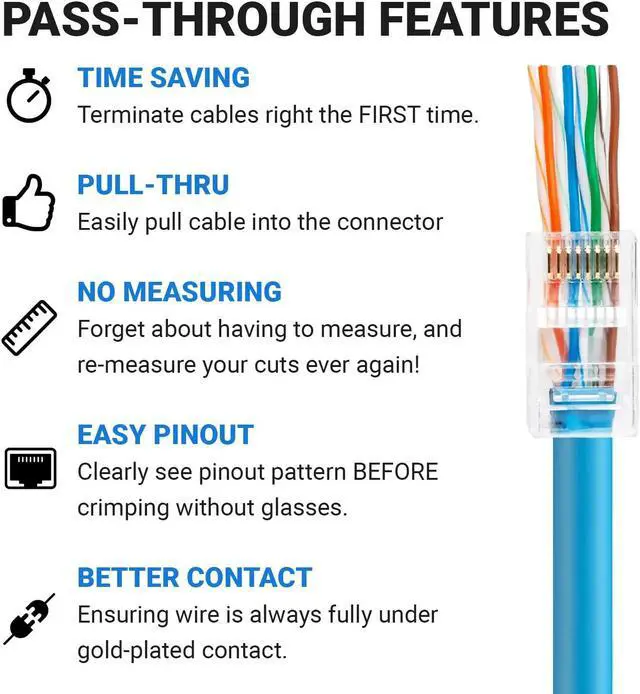 Alt view image 2 of 5 - AmSecu 300-Pack RJ45 Pass Through Connector, Cat6, Gold Plated EZ Pass Cable Pass Through RJ45 connectors, RJ45 Modular Plugs, Ethernet Plugs (300 Pack)