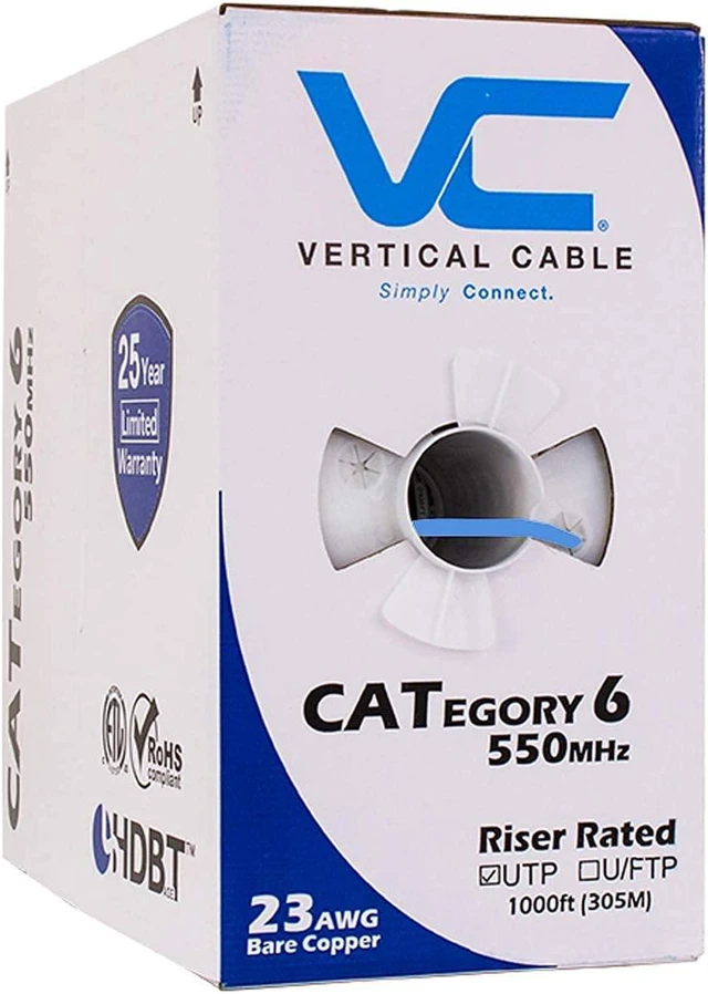 Alt view image 2 of 6 - Cat6, 550 MHz, UTP, 23AWG, Solid Bare Copper, 1000ft, Blue, Bulk Ethernet Cable