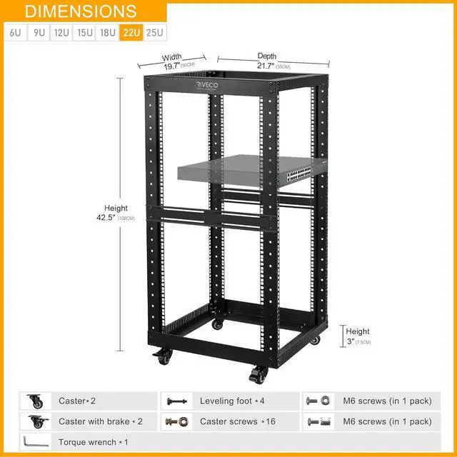 Alt view image 3 of 7 - RIVECO 22U Open Frame Server Rack with Wheels- Heavy Duty 4 Post Quick Assembly 19-inch, Stereo Rack Rolling Network Shelf Black