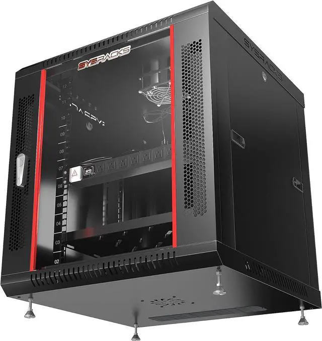 Alt view image 4 of 7 - Sysracks 12U 18 inch Depth Wall Mount Server Cabinet Network Rack Lockaing Enclosure Glass Door - POWERBAR - Cooling Fan - Shelf - Feet - Hardware