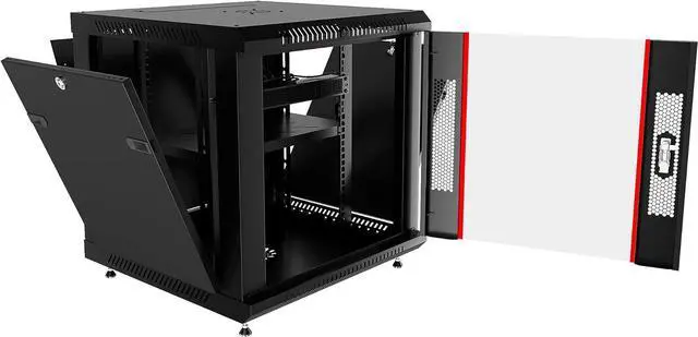 Alt view image 7 of 7 - Sysracks 12U 18 inch Depth Wall Mount Server Cabinet Network Rack Lockaing Enclosure Glass Door - POWERBAR - Cooling Fan - Shelf - Feet - Hardware