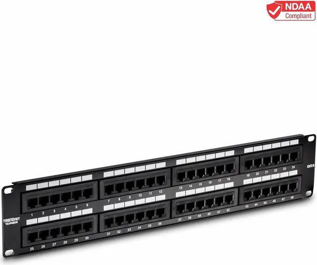 Alt view image 3 of 7 - 48-Port Cat6 Unshielded Patch Panel, Wallmount or Rackmount, Compatible with Cat3,4,5,5e,6 Cabling, for Ethernet, Fast Ethernet, Gigabit Applications, Black, TC-P48C6