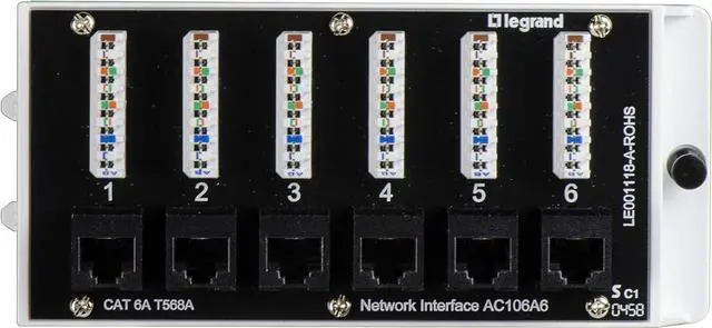 Main image of Legrand - OnQ Home Theater Patch Panel, 6 Port Interface Module, Cat 6A Network Patch Panel for Wired Ethernet Connection, Black, AC106A6