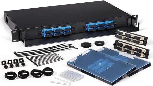 Main image of Fiber Optic Patch Panel, Rack Mount, 1 RU, Includes 2 SC Singlemode and 2 SC Multimode Adapter Plates, Includes Splice Trays, Up to 24 Fiber Capacity