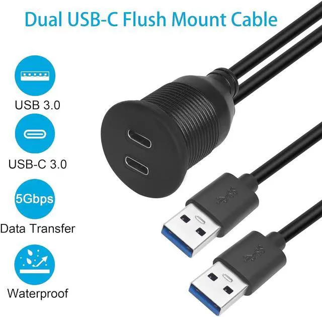 Alt view image 2 of 7 - QIANRENON Dual USB C to USB 3.0 Threaded Flush Mount Waterproof Cable Adapter, 2 USB 3.0 Male to 2 USB C Female Panel Mount Extension Cable, for Car Boat Truck Yacht Motorcycle, 1m/3.3ft