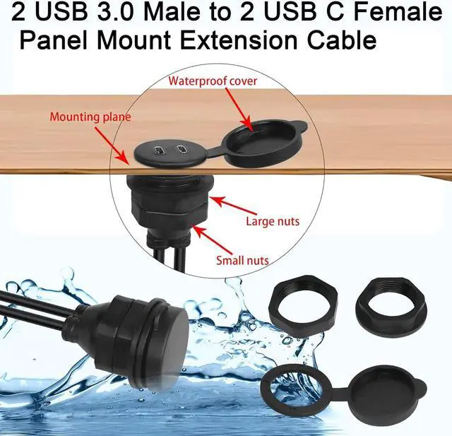 Alt view image 5 of 7 - QIANRENON Dual USB C to USB 3.0 Threaded Flush Mount Waterproof Cable Adapter, 2 USB 3.0 Male to 2 USB C Female Panel Mount Extension Cable, for Car Boat Truck Yacht Motorcycle, 1m/3.3ft