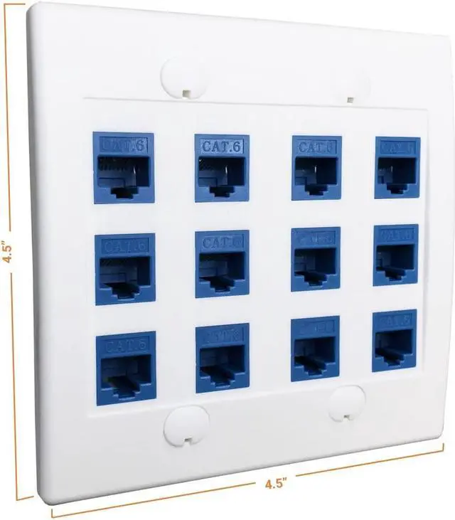 Alt view image 6 of 7 - 12 Port Ethernet Wall Plate, Cat 6, Wall Outlet, RJ45 Female to Female Keystone Jacks - White