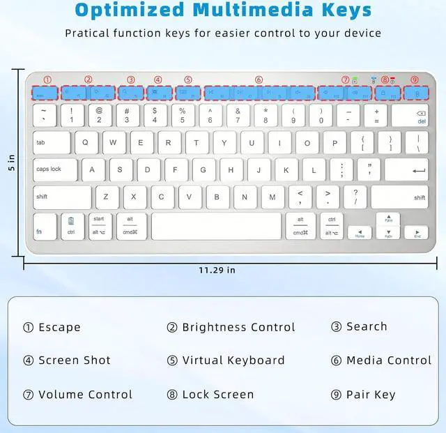 Alt view image 3 of 7 - Bluetooth Keyboard, Ultra-Slim Wireless Keyboard for iPad, Rechargeable Ergonomic Computer Keyboard for iOS, Android, Windows PC Tablets Phone, White Silver