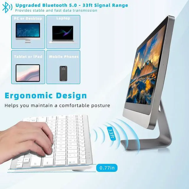 Alt view image 5 of 7 - Bluetooth Keyboard, Ultra-Slim Wireless Keyboard for iPad, Rechargeable Ergonomic Computer Keyboard for iOS, Android, Windows PC Tablets Phone, White Silver