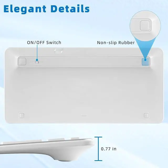 Alt view image 7 of 7 - Bluetooth Keyboard, Ultra-Slim Wireless Keyboard for iPad, Rechargeable Ergonomic Computer Keyboard for iOS, Android, Windows PC Tablets Phone, White Silver