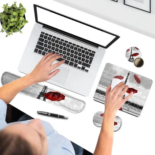Alt view image 6 of 7 - ToLuLu Keyboard Wrist Rest + Mouse Pad Set+ Mouse Wrist Rest Support Combo, Memory Foam for Easy Typing Pain Relief, 4Pcs Non-Slip Keyboard Mouse Pad Set for Home & Office, Eiffel Tower