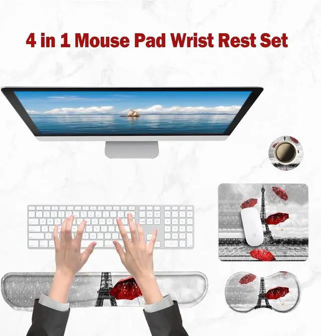 Alt view image 3 of 7 - ToLuLu Keyboard Wrist Rest + Mouse Pad Set+ Mouse Wrist Rest Support Combo, Memory Foam for Easy Typing Pain Relief, 4Pcs Non-Slip Keyboard Mouse Pad Set for Home & Office, Eiffel Tower