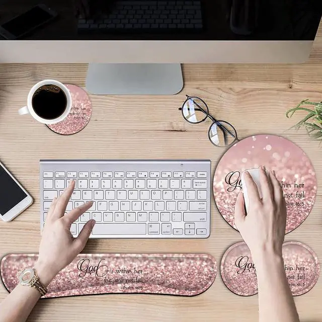 Alt view image 3 of 7 - Ergonomic Mouse Pad with Wrist Support Set and Keyboard Wrist Rest Set for Laptop, Gaming and Office, Comfortable and Pain Relief + Coaster Psalm 465 God is Within Her, She Will Not Fall