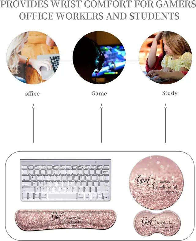 Alt view image 6 of 7 - Ergonomic Mouse Pad with Wrist Support Set and Keyboard Wrist Rest Set for Laptop, Gaming and Office, Comfortable and Pain Relief + Coaster Psalm 465 God is Within Her, She Will Not Fall