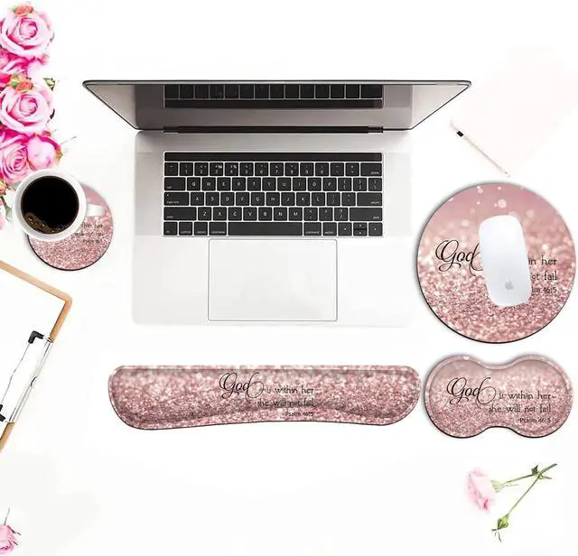 Alt view image 4 of 7 - Ergonomic Mouse Pad with Wrist Support Set and Keyboard Wrist Rest Set for Laptop, Gaming and Office, Comfortable and Pain Relief + Coaster Psalm 465 God is Within Her, She Will Not Fall