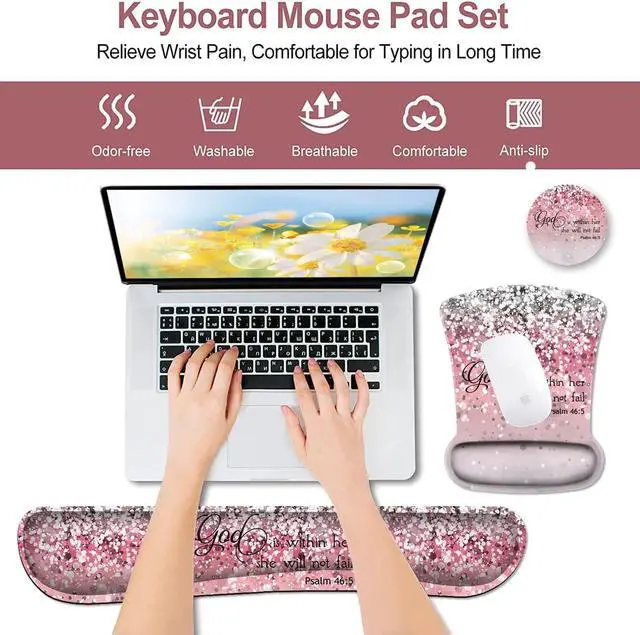 Alt view image 2 of 6 - Mouse Pad with Wrist Support, Ergonomic Gel Mouse Pad, Memory Foam Keyboard Wrist Rest Suitable for Office Typing Games, Psalm 46:5 Bible Verse and Pink Glitter Desk Pad