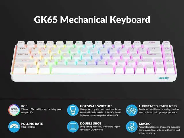 Alt view image 5 of 7 - GK65 65% | Hot Swappable Mechanical Gaming Keyboard | 68 Keys Multi Color RGB LED Backlit for PC/Mac Gamer | ANSI US American Layout (White, Mechanical Brown)