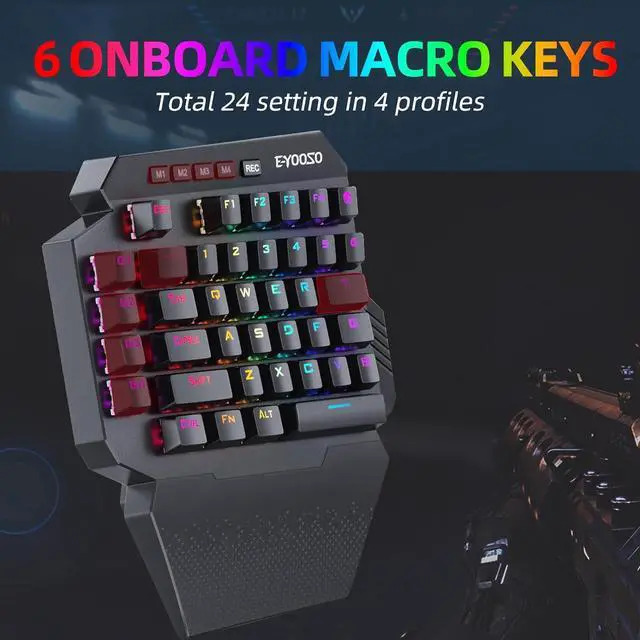 Alt view image 3 of 7 - Wireless One Handed Mechanical Gaming Keyboard, 6 Onboard Macro Keys, 2.4Ghz and USB-C Wired Dual Mode, RGB Led Backlit Blue Switch, Wrist Rest, Durable Battery