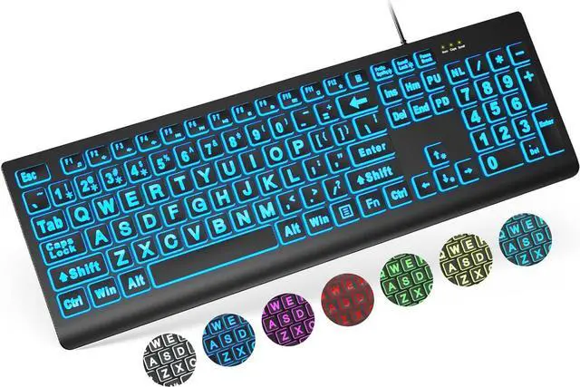 Main image of SABLUTE Large Print Backlit Keyboard, Wired USB Lighted Computer Keyboards with 7-Color & 4 Modes Backlit, Oversize Letters Keys Easy to See and Type, Quiet Keyboard Compatible for PC, Laptop