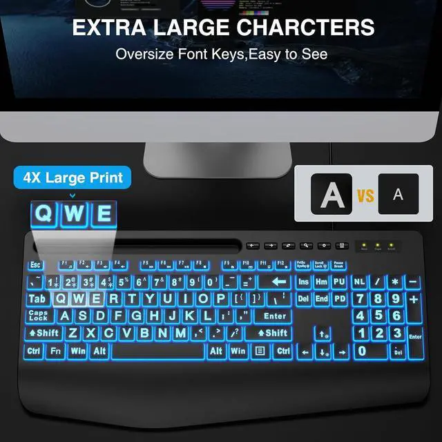 Alt view image 2 of 7 - SABLUTE Large Print Backlit Keyboard, Wired USB Computer Keyboards with 7-Colors Backlight, Wrist Rest, Phone Holder, Oversized Letter Keys Easy to See and Type for Laptop, PC, Windows, Black