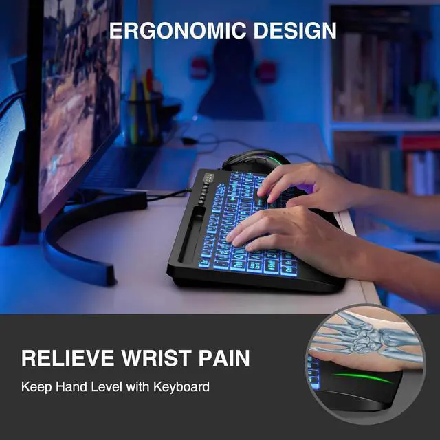 Alt view image 3 of 7 - SABLUTE Large Print Backlit Keyboard, Wired USB Computer Keyboards with 7-Colors Backlight, Wrist Rest, Phone Holder, Oversized Letter Keys Easy to See and Type for Laptop, PC, Windows, Black