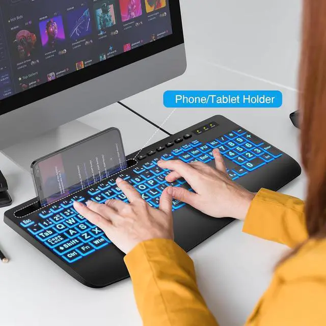 Alt view image 5 of 7 - SABLUTE Large Print Backlit Keyboard, Wired USB Computer Keyboards with 7-Colors Backlight, Wrist Rest, Phone Holder, Oversized Letter Keys Easy to See and Type for Laptop, PC, Windows, Black