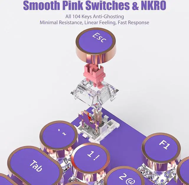 Alt view image 4 of 7 - Typewriter Style Mechanical Gaming Keyboard White LED Backlit 104-Key NKRO Pink Switches Retro Round Keycaps Golden Ring Volume Knob Metal Panel Wired USB-C Detachable Cable, Purple