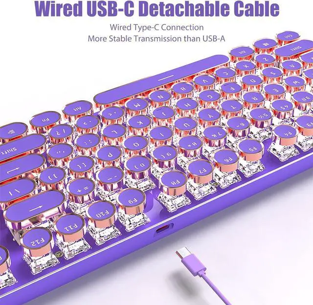 Alt view image 6 of 7 - Typewriter Style Mechanical Gaming Keyboard White LED Backlit 104-Key NKRO Pink Switches Retro Round Keycaps Golden Ring Volume Knob Metal Panel Wired USB-C Detachable Cable, Purple