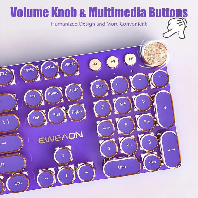 Alt view image 5 of 7 - Typewriter Style Mechanical Gaming Keyboard White LED Backlit 104-Key NKRO Pink Switches Retro Round Keycaps Golden Ring Volume Knob Metal Panel Wired USB-C Detachable Cable, Purple