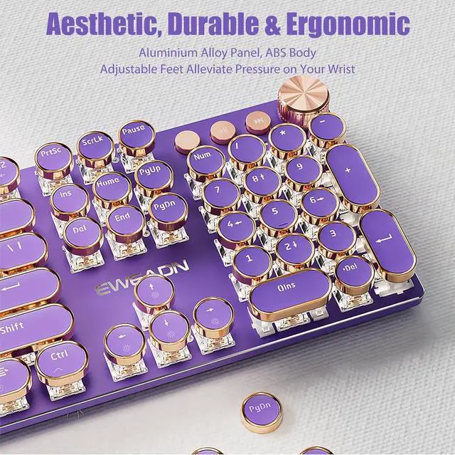 Alt view image 7 of 7 - Typewriter Style Mechanical Gaming Keyboard White LED Backlit 104-Key NKRO Pink Switches Retro Round Keycaps Golden Ring Volume Knob Metal Panel Wired USB-C Detachable Cable, Purple