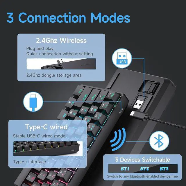 Alt view image 7 of 7 - DIERYA Wireless Gaming Keyboard and Mouse Combo, DK63 & M1 60% Mini RGB Keyboard w/Red Switches & 24000DPI Lightweight Mouse | Tri-Mode (BT/2.4G/USB) | RGB | for PC, Mac Gamers & Typists - Black