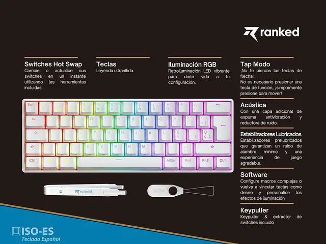 Alt view image 2 of 7 - Ranked S60 Supernova 60% | Hot Swappable Mechanical Gaming Keyboard | 62 Keys Multi Color RGB LED Backlit for PC/Mac Gamer | ISO ES Spanish Layout (White, Gateron Optical Brown)