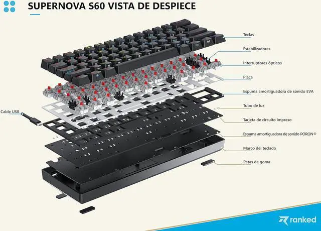 Alt view image 3 of 7 - Ranked S60 Supernova 60% | Hot Swappable Mechanical Gaming Keyboard | 62 Keys Multi Color RGB LED Backlit for PC/Mac Gamer | ISO ES Spanish Layout (White, Gateron Optical Brown)