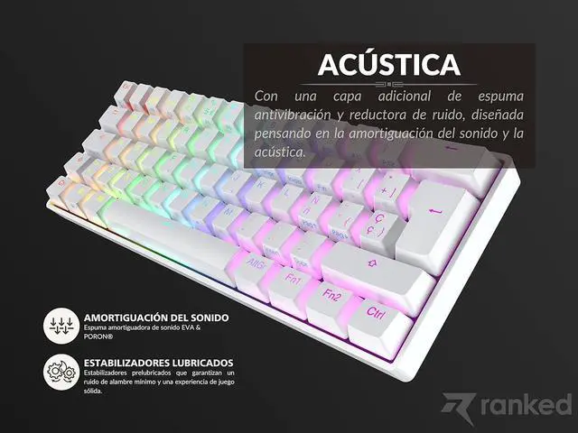 Alt view image 5 of 7 - Ranked S60 Supernova 60% | Hot Swappable Mechanical Gaming Keyboard | 62 Keys Multi Color RGB LED Backlit for PC/Mac Gamer | ISO ES Spanish Layout (White, Gateron Optical Brown)