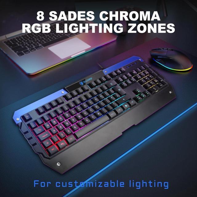 Alt view image 2 of 7 - SADES Battle Ram Gaming Keyboard and Mouse: Low Profile Backlit RGB - Full Size - Wired Light Up USB - Waterproof Membrane - Ergonomic Wrist Rest Gaming Keyboard with Included Mouse Pad