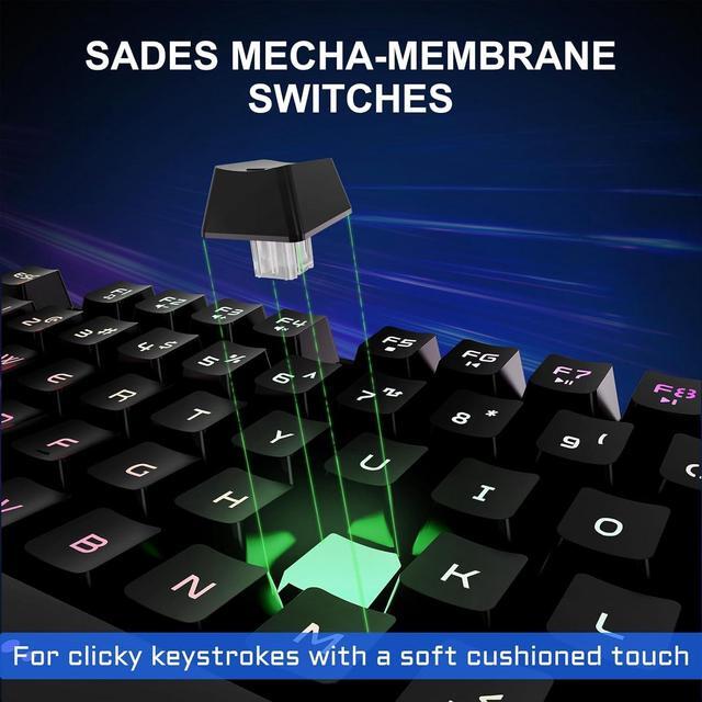 Alt view image 6 of 7 - SADES Battle Ram Gaming Keyboard and Mouse: Low Profile Backlit RGB - Full Size - Wired Light Up USB - Waterproof Membrane - Ergonomic Wrist Rest Gaming Keyboard with Included Mouse Pad
