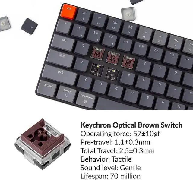 Alt view image 4 of 7 - Keychron K3 Version 2, 75% Layout 84 Keys Ultra-Slim Wireless Bluetooth/USB Wired Mechanical Keyboard with White Backlit, Hot-Swappable Low-Profile Keychron Optical Brown Switch for Mac Windows