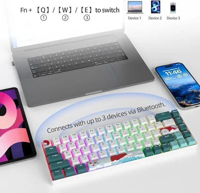 Alt view image 5 of 7 - Fogruaden Hot Swappable 60% Wireless Mechanical Gaming Keyboard 60 Percent, 2.4G/USB-C/Bluetooth Keyboard, RGB Backlit, 68 Keys NKRO(Yellow Switch, Forest)