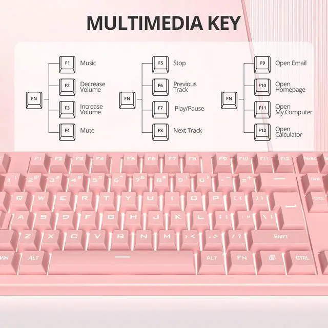 Alt view image 4 of 7 - Pink Gaming Keyboard 104 Keys LED Backlit Keyboard Wired Light up Keyboard Mechanical Feeling Double Shot Keycaps Membrane Keyboard for PC Laptop(104 Pink)