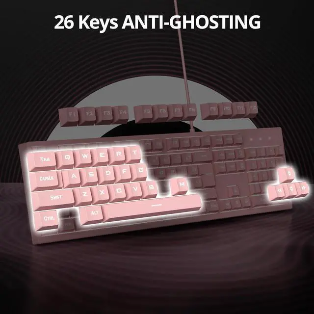 Alt view image 6 of 7 - Pink Gaming Keyboard 104 Keys LED Backlit Keyboard Wired Light up Keyboard Mechanical Feeling Double Shot Keycaps Membrane Keyboard for PC Laptop(104 Pink)