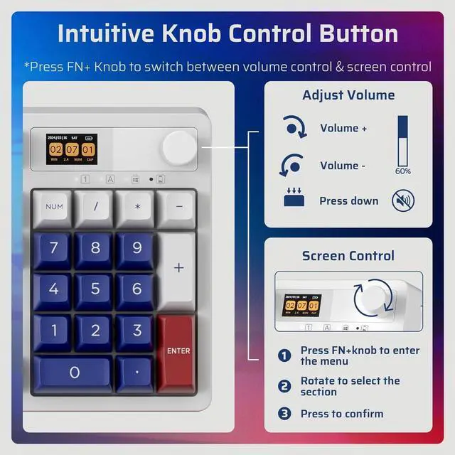 Alt view image 4 of 7 - LTC Nimbleback NB1041 PRO Mechanical Keyboard w/Display Screen & Knob, Wireless 2.4Ghz/ BT/USB-C Wired RGB 104 Keys Gaming Keyboard, Software Support, Hot Swappable Red Switch,Mecha Blue