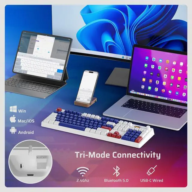 Alt view image 5 of 7 - LTC Nimbleback NB1041 PRO Mechanical Keyboard w/Display Screen & Knob, Wireless 2.4Ghz/ BT/USB-C Wired RGB 104 Keys Gaming Keyboard, Software Support, Hot Swappable Red Switch,Mecha Blue