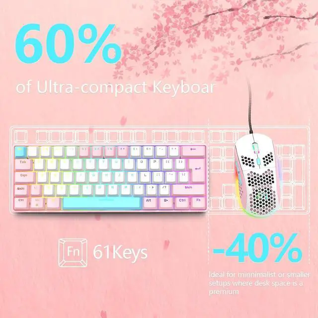 Alt view image 2 of 7 - RK-T60 Wired Mechanical Gaming Keyboard and Mouse Combo Portable with Rainbow Backlit 62Key NKRO 6400DPI RGB Honeycomb Mice for PS4/PC/WIN Gamer(Pink/Blue Switch)