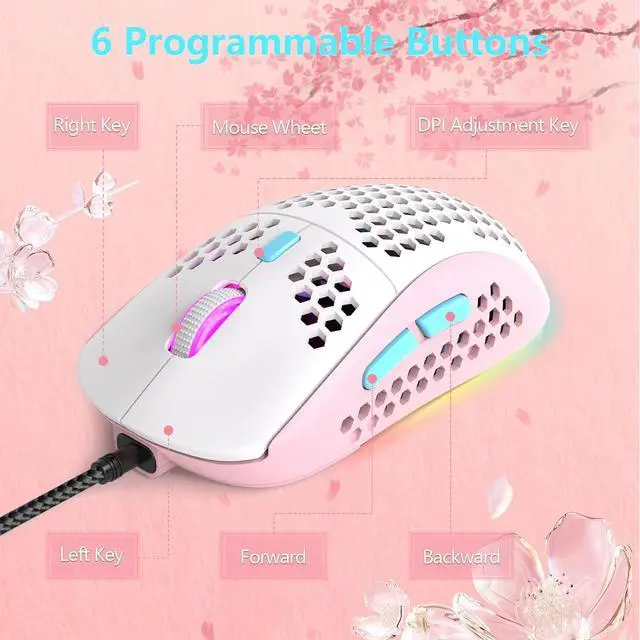 Alt view image 6 of 7 - RK-T60 Wired Mechanical Gaming Keyboard and Mouse Combo Portable with Rainbow Backlit 62Key NKRO 6400DPI RGB Honeycomb Mice for PS4/PC/WIN Gamer(Pink/Blue Switch)
