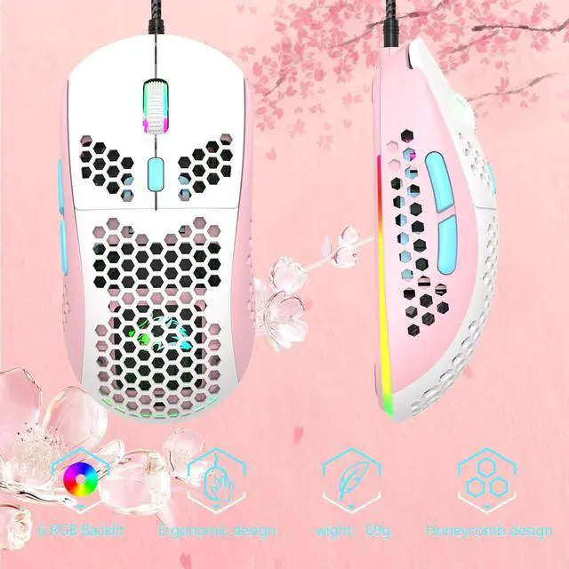 Alt view image 7 of 7 - RK-T60 Wired Mechanical Gaming Keyboard and Mouse Combo Portable with Rainbow Backlit 62Key NKRO 6400DPI RGB Honeycomb Mice for PS4/PC/WIN Gamer(Pink/Blue Switch)