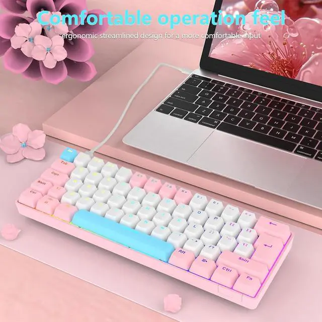 Alt view image 4 of 7 - RK-T60 Wired Mechanical Gaming Keyboard and Mouse Combo Portable with Rainbow Backlit 62Key NKRO 6400DPI RGB Honeycomb Mice for PS4/PC/WIN Gamer(Pink/Blue Switch)